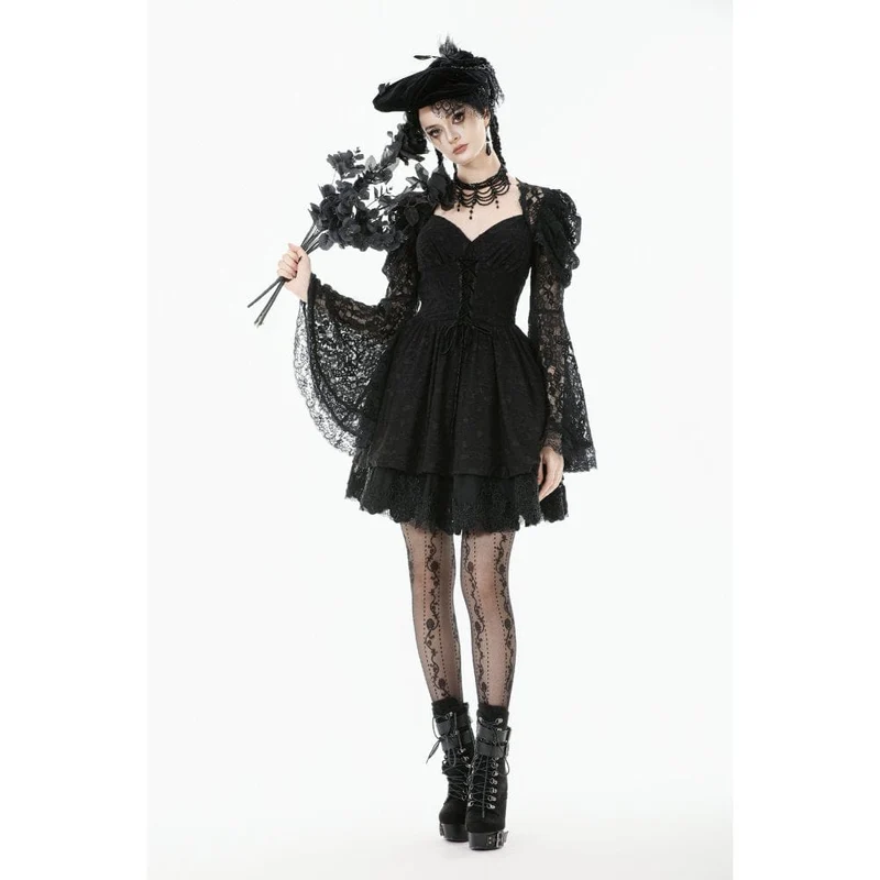 Gothic-Kleid mit Jacquard-Muster, floraler Spitze und Ärmeln für Damen, Abschlusskleid