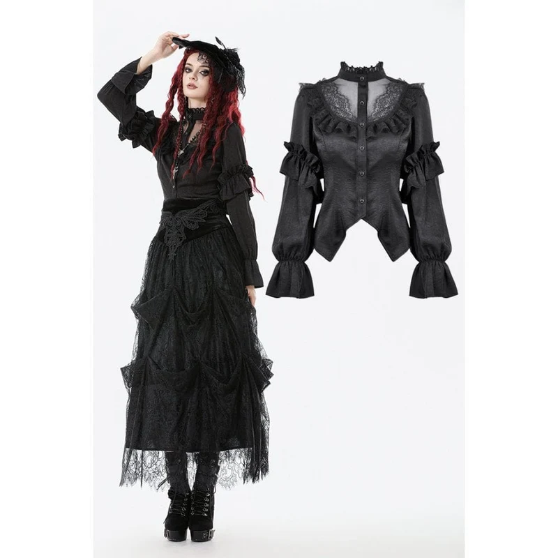 Durchsichtiges Gothic-Hemd mit Rüschen, Stehkragen und Laternenärmeln für Damen