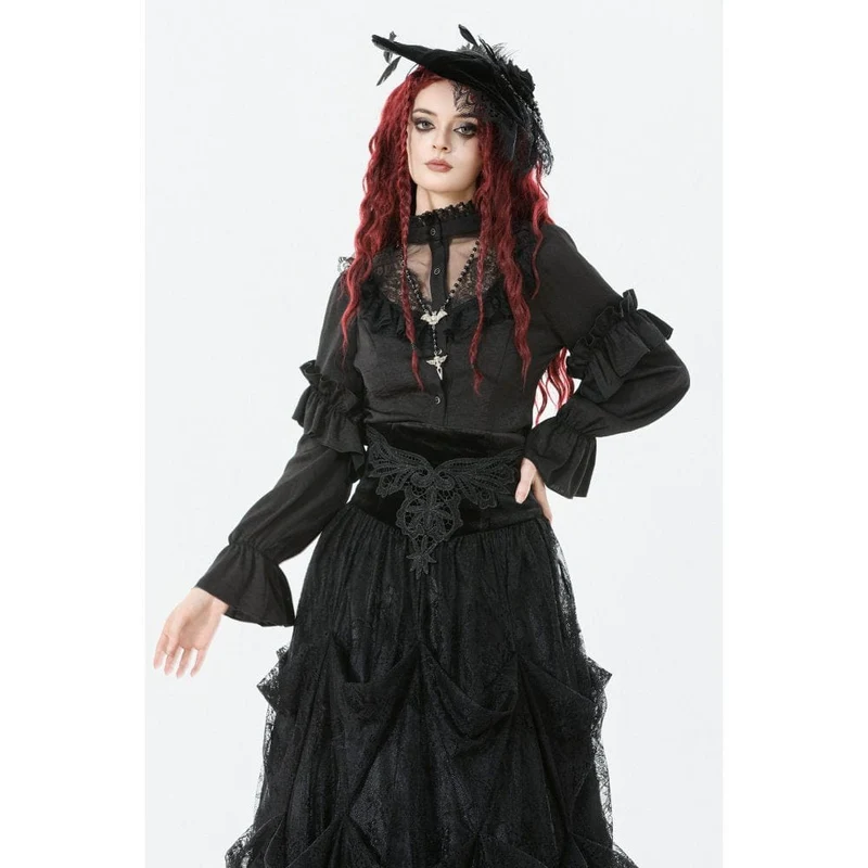 Durchsichtiges Gothic-Hemd mit Rüschen, Stehkragen und Laternenärmeln für Damen