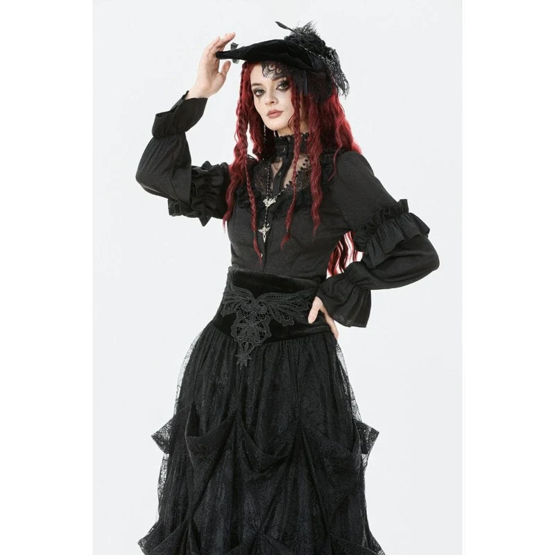 Durchsichtiges Gothic-Hemd mit Rüschen, Stehkragen und Laternenärmeln für Damen