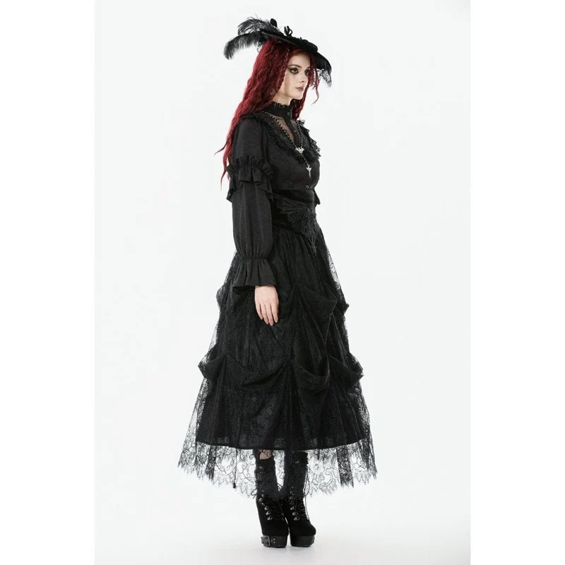 Durchsichtiges Gothic-Hemd mit Rüschen, Stehkragen und Laternenärmeln für Damen