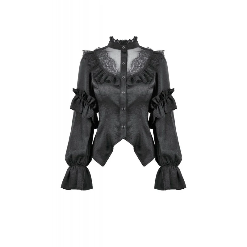 Durchsichtiges Gothic-Hemd mit Rüschen, Stehkragen und Laternenärmeln für Damen