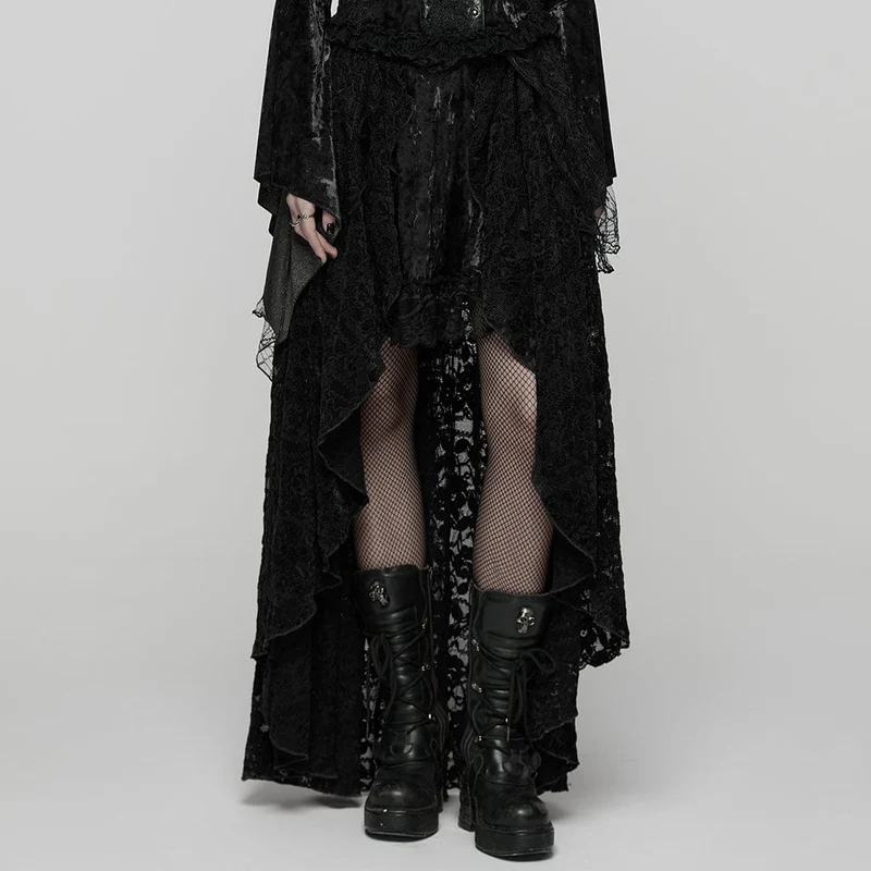 Gothic-Spitzenrock mit hohem Saum und tiefem Saum für Damen, Schwarz