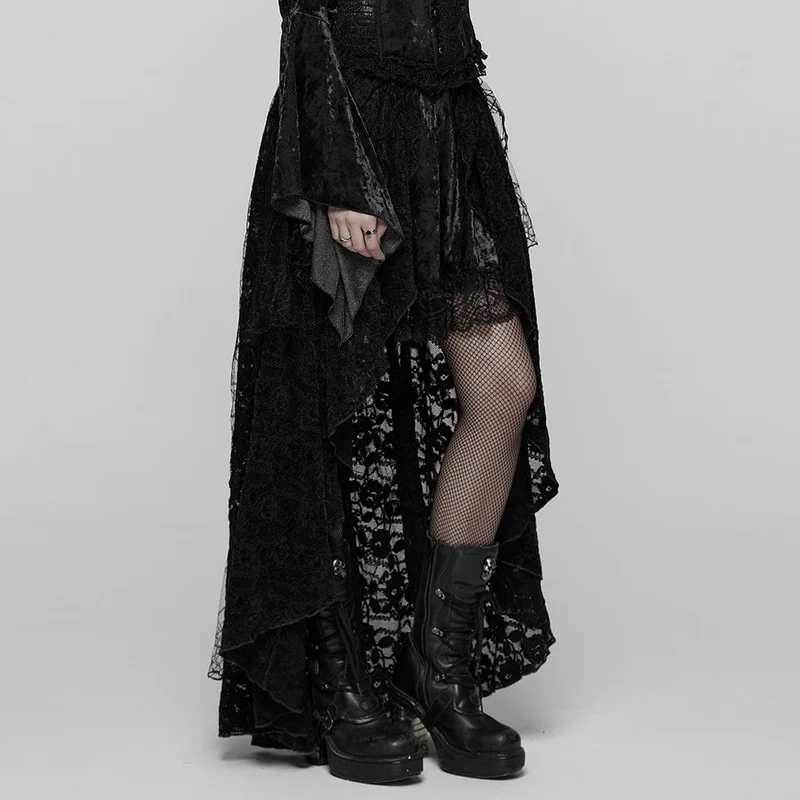 Gothic-Spitzenrock mit hohem Saum und tiefem Saum für Damen, Schwarz