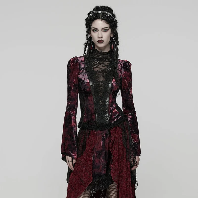 Gothic Lace Splice Lace-up Flared Sleeve Shirt für Damen Rot