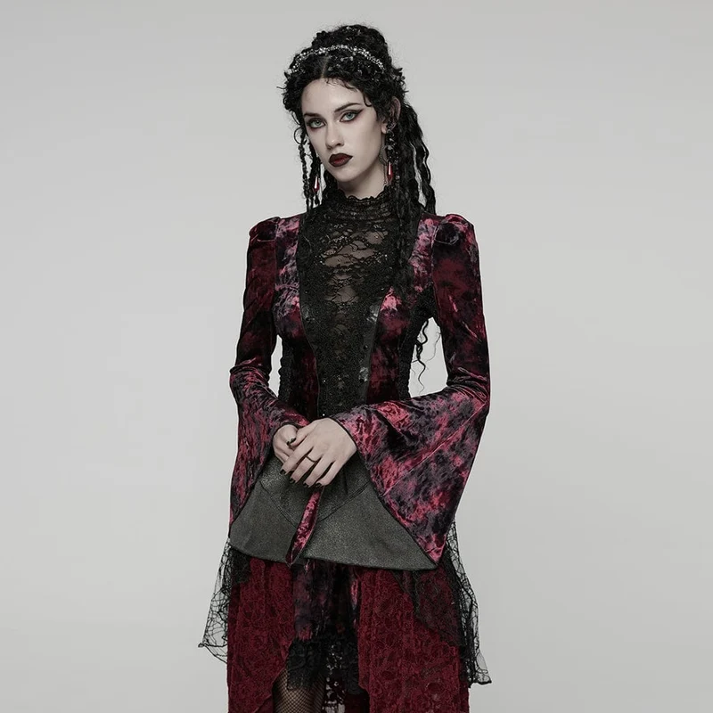 Gothic Lace Splice Lace-up Flared Sleeve Shirt für Damen Rot