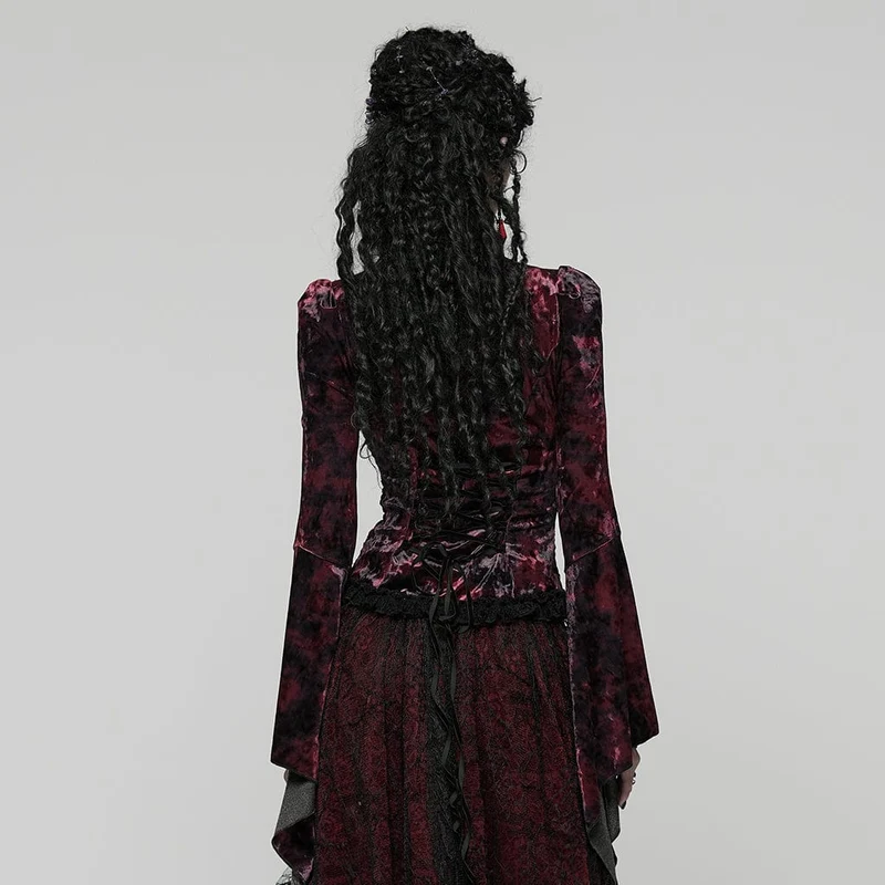 Gothic Lace Splice Lace-up Flared Sleeve Shirt für Damen Rot