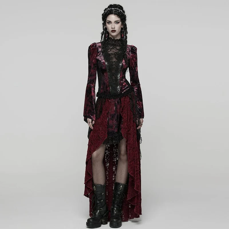 Gothic Lace Splice Lace-up Flared Sleeve Shirt für Damen Rot