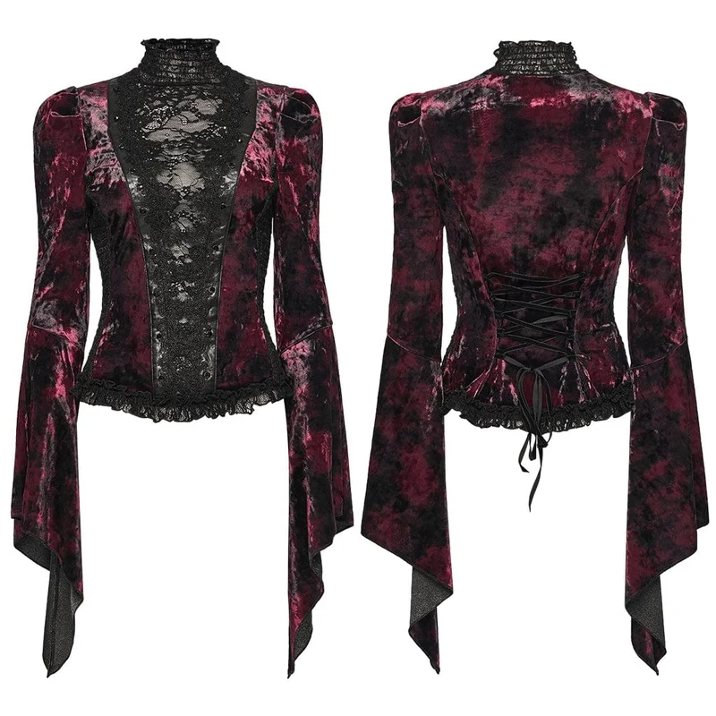 Gothic Lace Splice Lace-up Flared Sleeve Shirt für Damen Rot