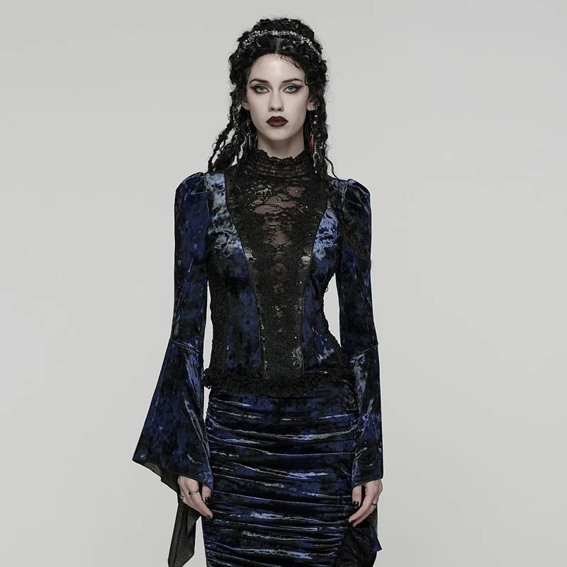Gothic Lace Splice Lace-up Flared Sleeve Shirt für Damen Blau