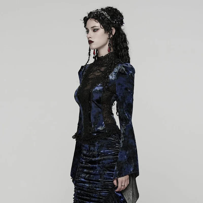 Gothic Lace Splice Lace-up Flared Sleeve Shirt für Damen Blau
