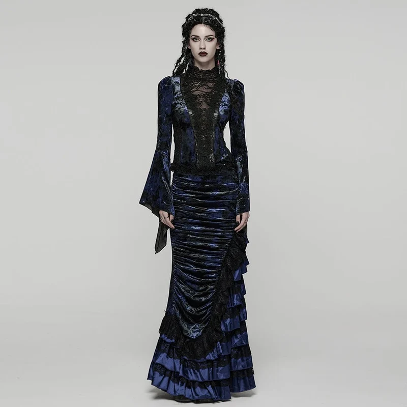 Gothic Lace Splice Lace-up Flared Sleeve Shirt für Damen Blau