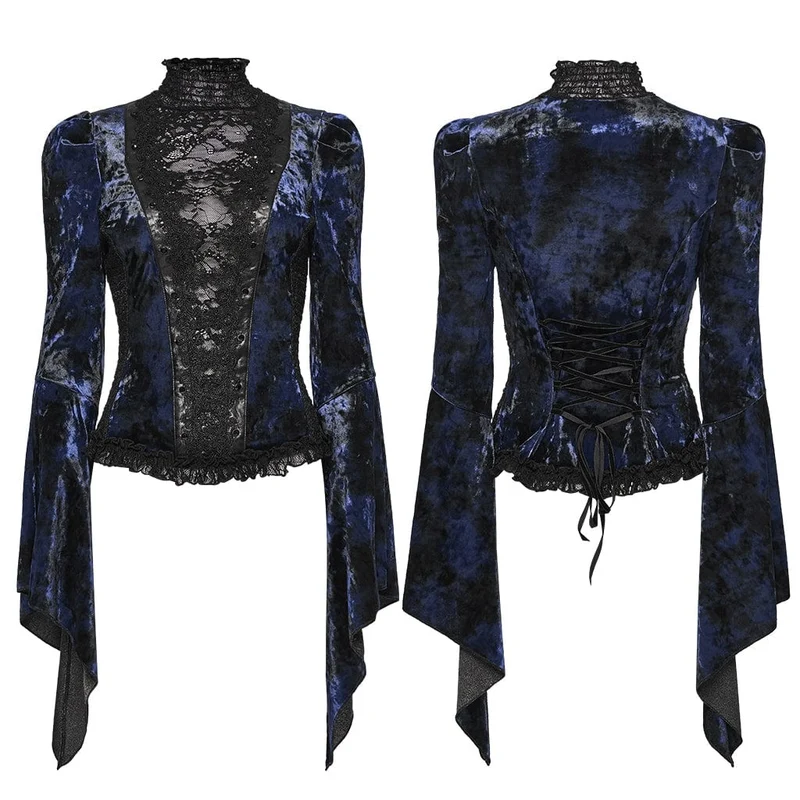 Gothic Lace Splice Lace-up Flared Sleeve Shirt für Damen Blau