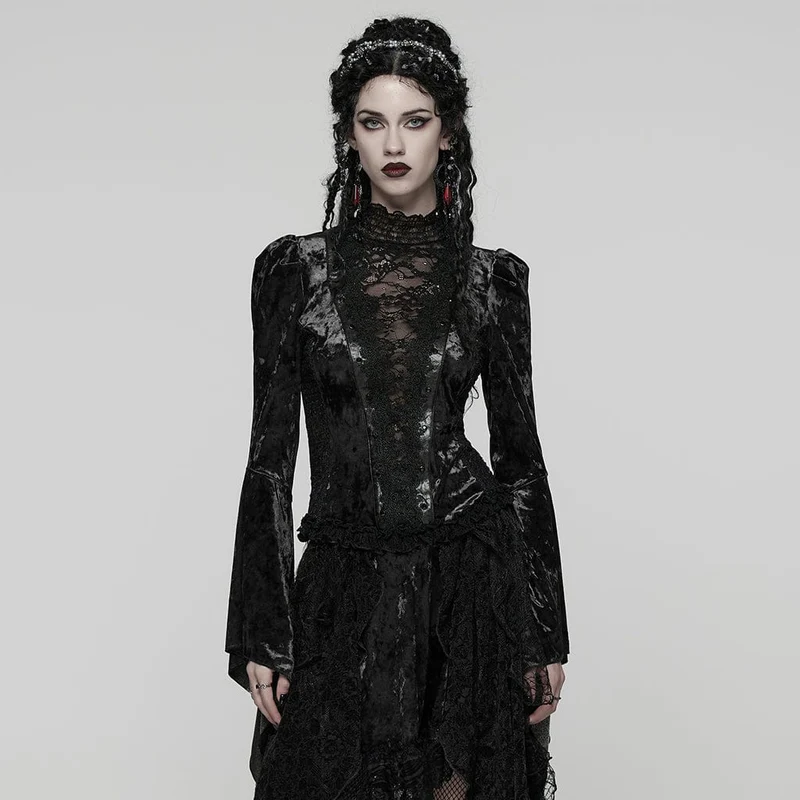 Gothic Lace Splice Top mit Schnürung und ausgestellten Ärmeln für Damen, Schwarz