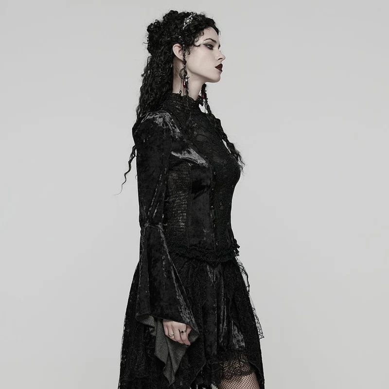 Gothic Lace Splice Top mit Schnürung und ausgestellten Ärmeln für Damen, Schwarz