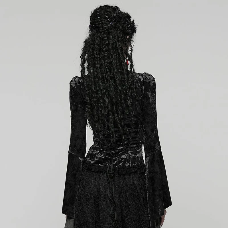 Gothic Lace Splice Top mit Schnürung und ausgestellten Ärmeln für Damen, Schwarz