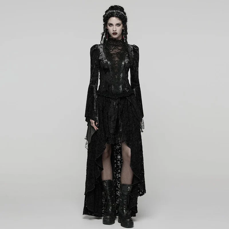 Gothic Lace Splice Top mit Schnürung und ausgestellten Ärmeln für Damen, Schwarz