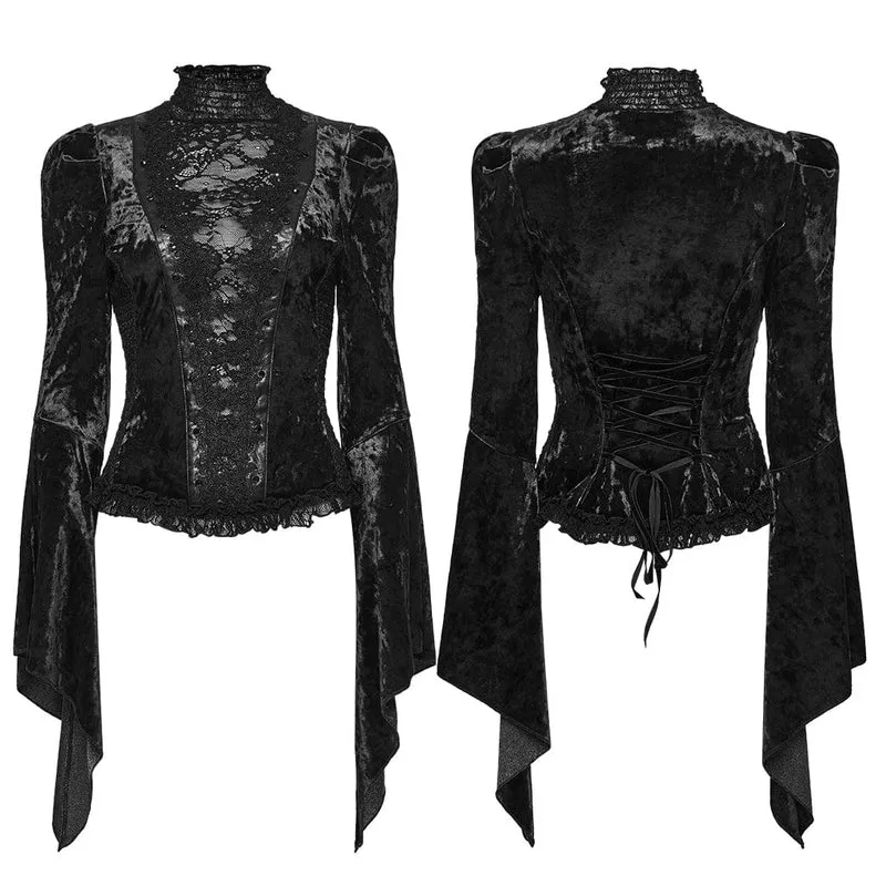 Gothic Lace Splice Top mit Schnürung und ausgestellten Ärmeln für Damen, Schwarz