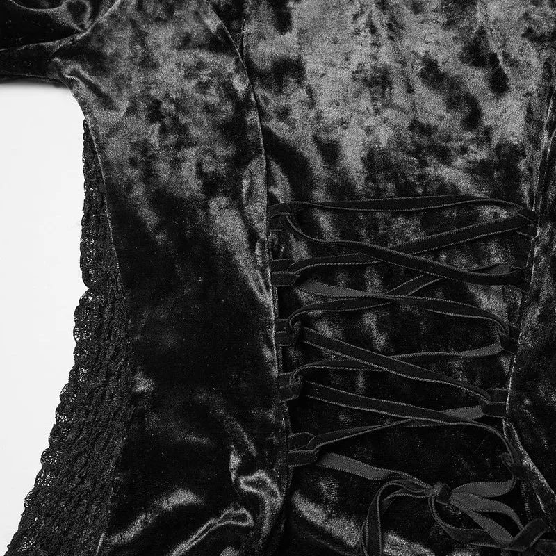 Gothic Lace Splice Top mit Schnürung und ausgestellten Ärmeln für Damen, Schwarz