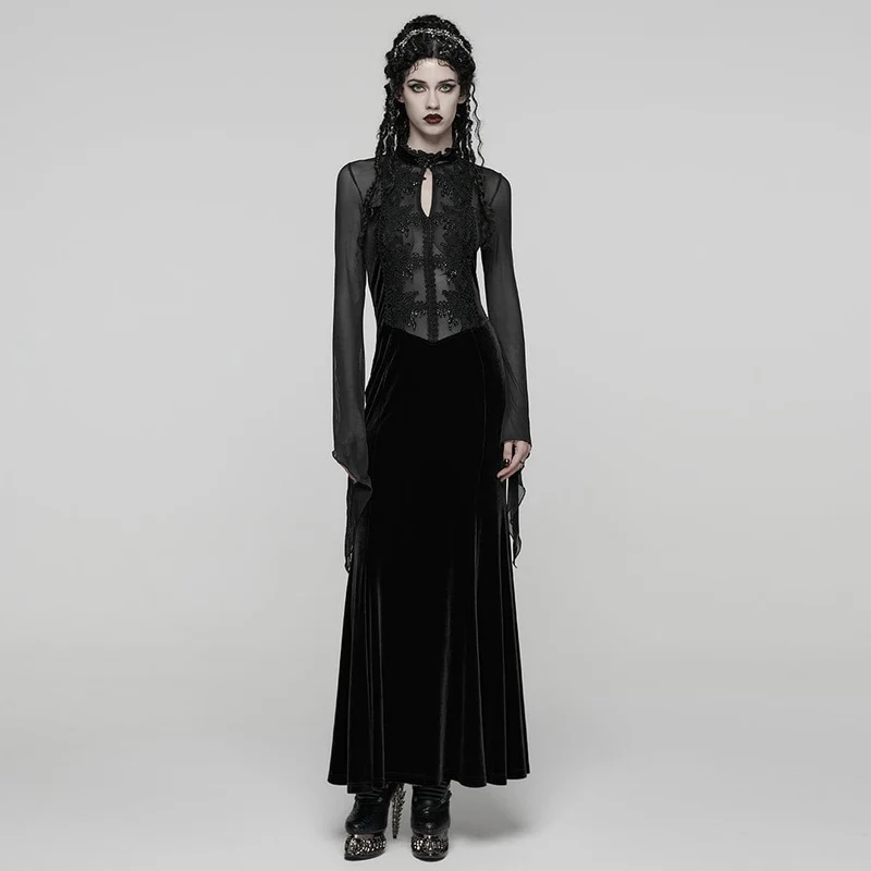 Schwarzes, gotisches Maxikleid mit Blumenstickerei und Mesh-Einsätzen für Damen – ideal als Hochzeitskleid