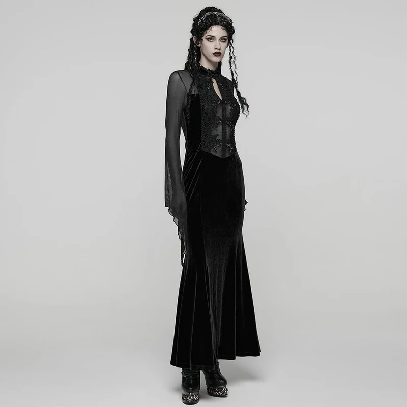 Schwarzes, gotisches Maxikleid mit Blumenstickerei und Mesh-Einsätzen für Damen – ideal als Hochzeitskleid