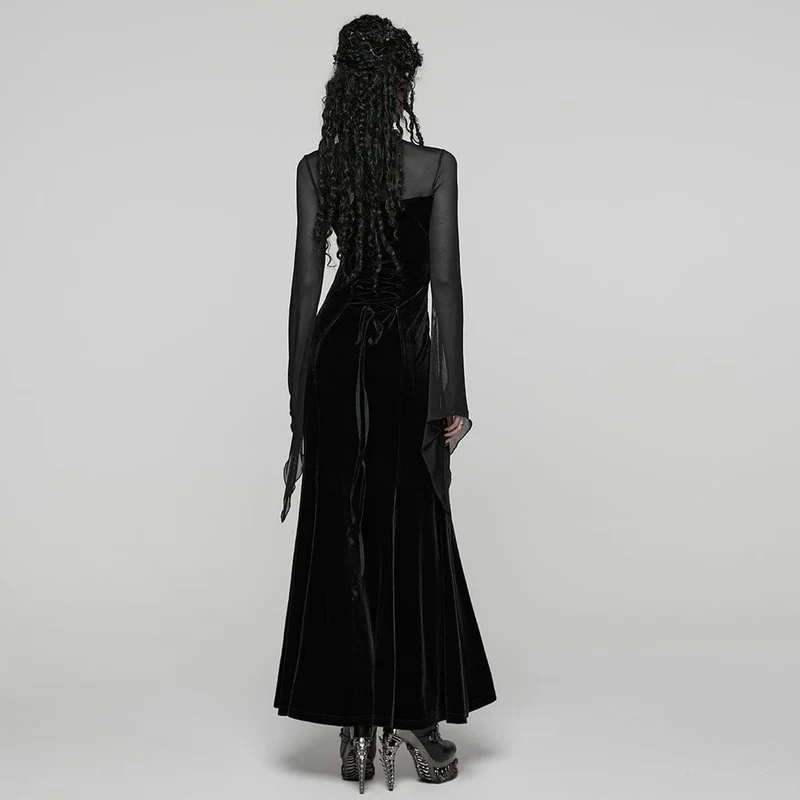 Schwarzes, gotisches Maxikleid mit Blumenstickerei und Mesh-Einsätzen für Damen – ideal als Hochzeitskleid