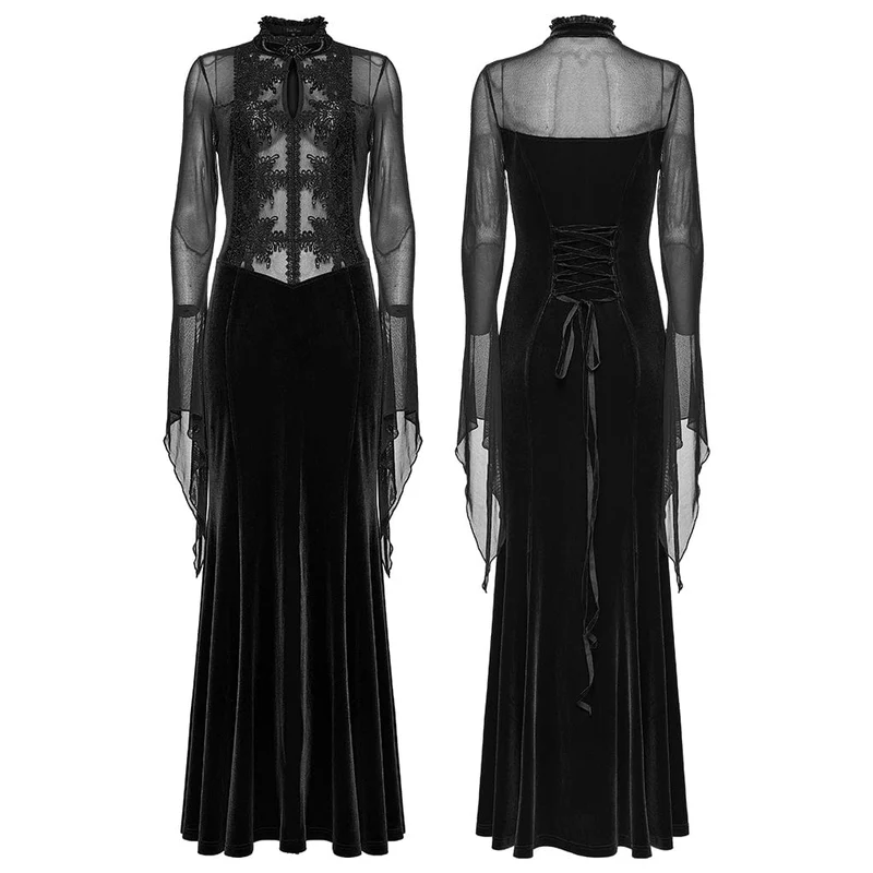 Schwarzes, gotisches Maxikleid mit Blumenstickerei und Mesh-Einsätzen für Damen – ideal als Hochzeitskleid