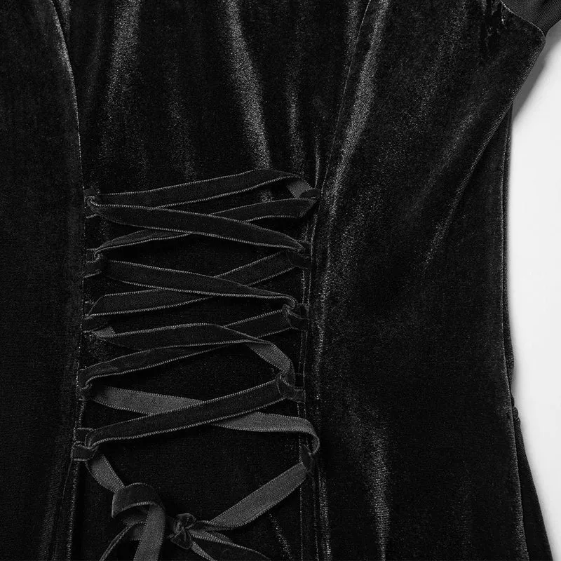 Schwarzes, gotisches Maxikleid mit Blumenstickerei und Mesh-Einsätzen für Damen – ideal als Hochzeitskleid