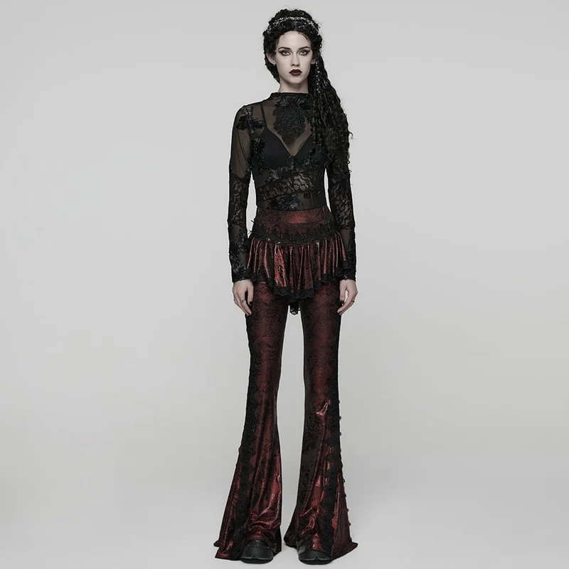 Gothic Schlaghose mit Blumenmuster für Damen in Rot