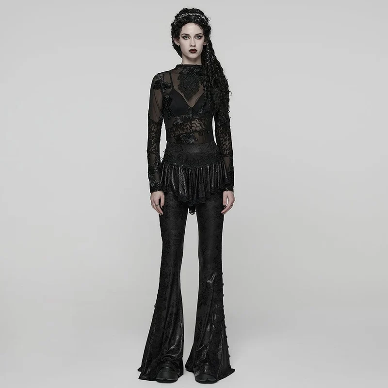 Gothic Schlaghose mit Blumenmuster für Damen in Schwarz