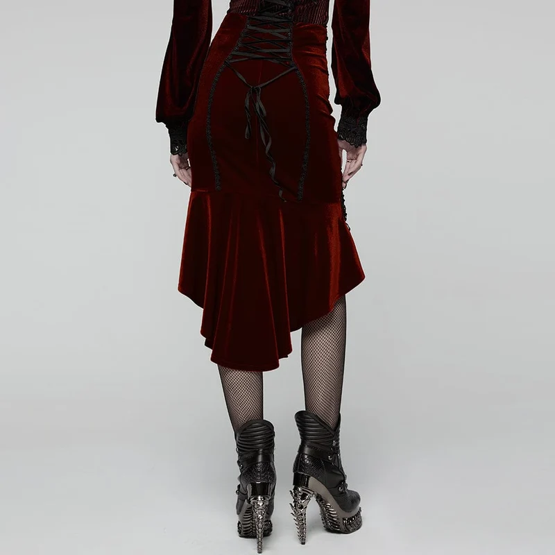 Gothic-Rock mit Blumenstickerei und unregelmäßigem Fischschwanz für Damen, Rot