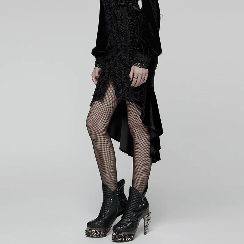 Gothic-Rock mit Blumenstickerei und unregelmäßigem Fischschwanz für Damen, Schwarz