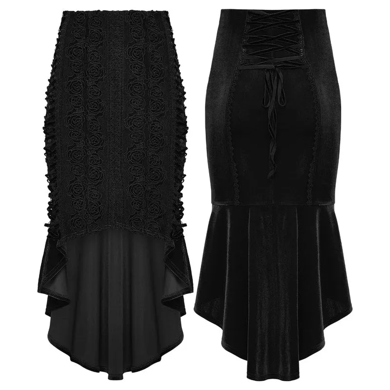 Gothic-Rock mit Blumenstickerei und unregelmäßigem Fischschwanz für Damen, Schwarz