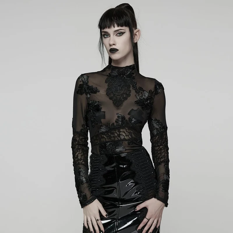 Gothic-Netzoberteil mit Blumenstickerei für Damen