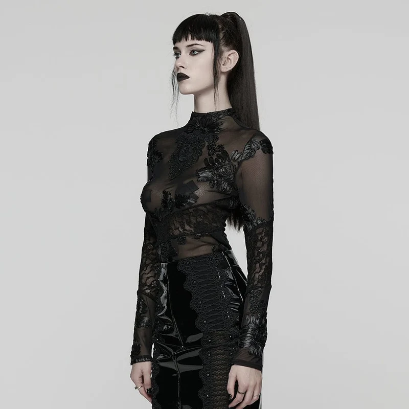 Gothic-Netzoberteil mit Blumenstickerei für Damen