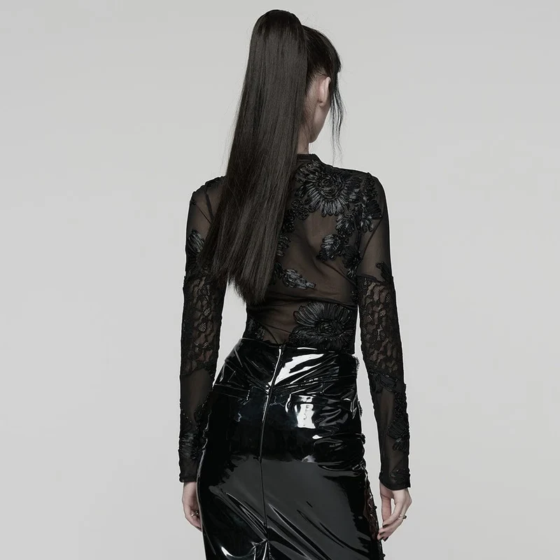Gothic-Netzoberteil mit Blumenstickerei für Damen