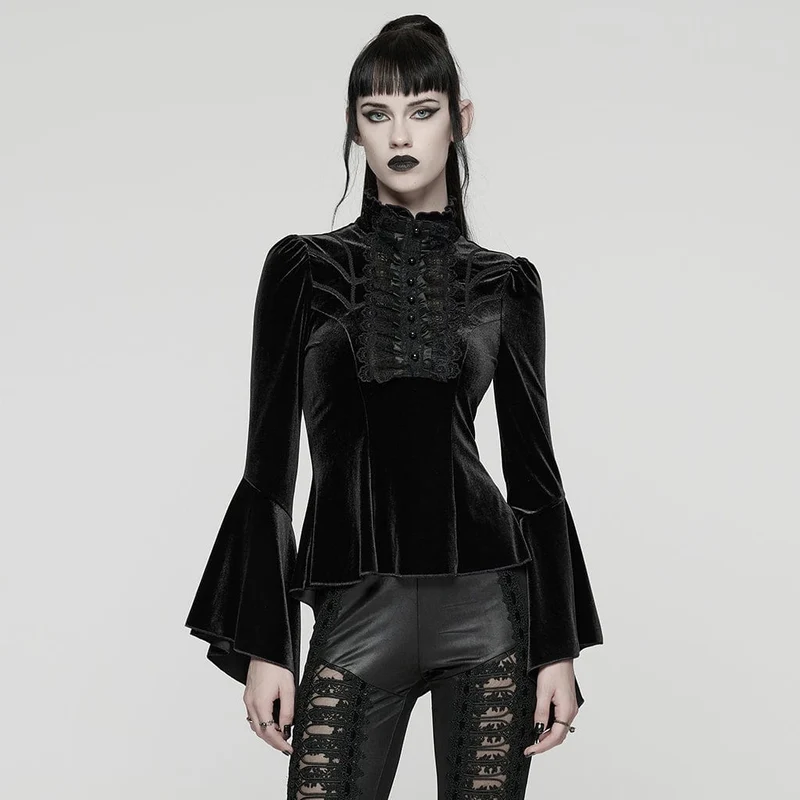 Gothic-Spitzenoberteil mit Glockenärmeln für Damen, Schwarz