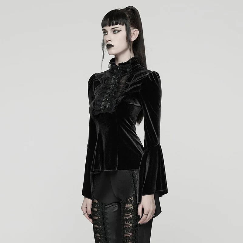 Gothic-Spitzenoberteil mit Glockenärmeln für Damen, Schwarz