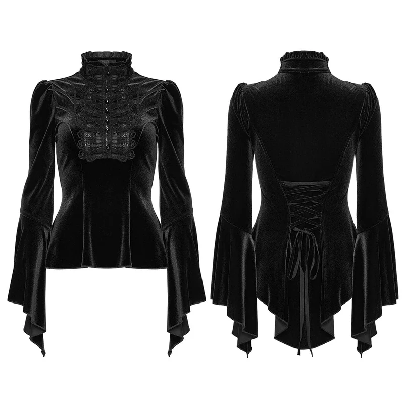 Gothic-Spitzenoberteil mit Glockenärmeln für Damen, Schwarz