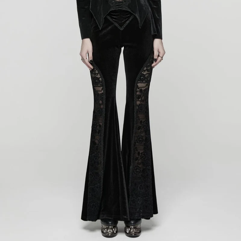 Gothic-Hose aus Samt mit gerüschter Spitze und Spleiß