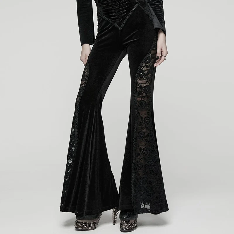 Gothic-Hose aus Samt mit gerüschter Spitze und Spleiß