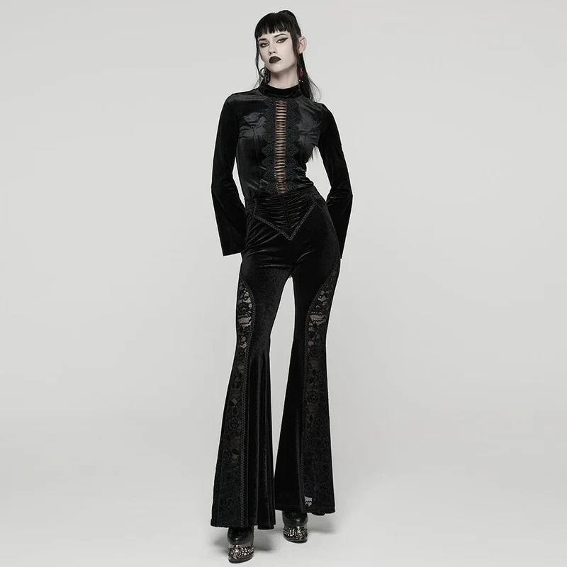 Gothic-Hose aus Samt mit gerüschter Spitze und Spleiß