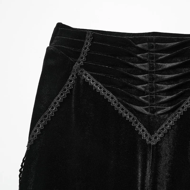 Gothic-Hose aus Samt mit gerüschter Spitze und Spleiß