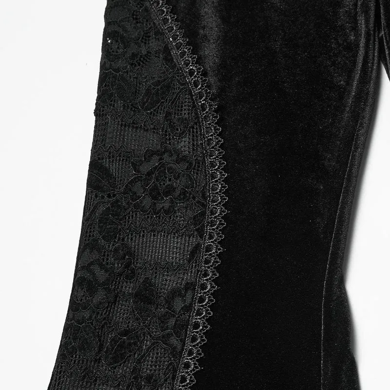 Gothic-Hose aus Samt mit gerüschter Spitze und Spleiß