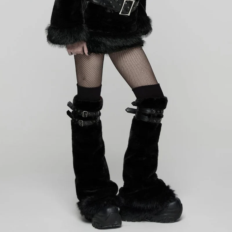 Damen Punk Schnalle Riemen Kunstpelz Beinlinge Schwarz