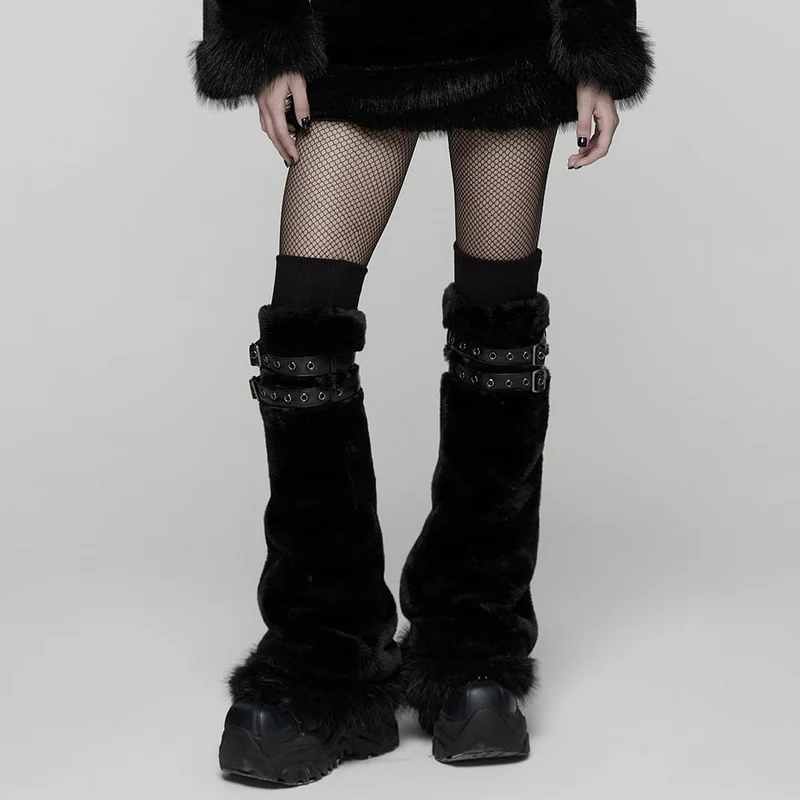 Damen Punk Schnalle Riemen Kunstpelz Beinlinge Schwarz