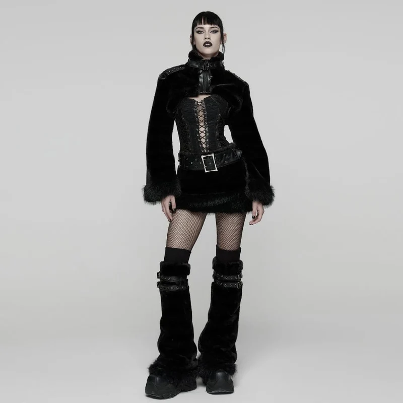 Damen Punk Schnalle Riemen Kunstpelz Beinlinge Schwarz