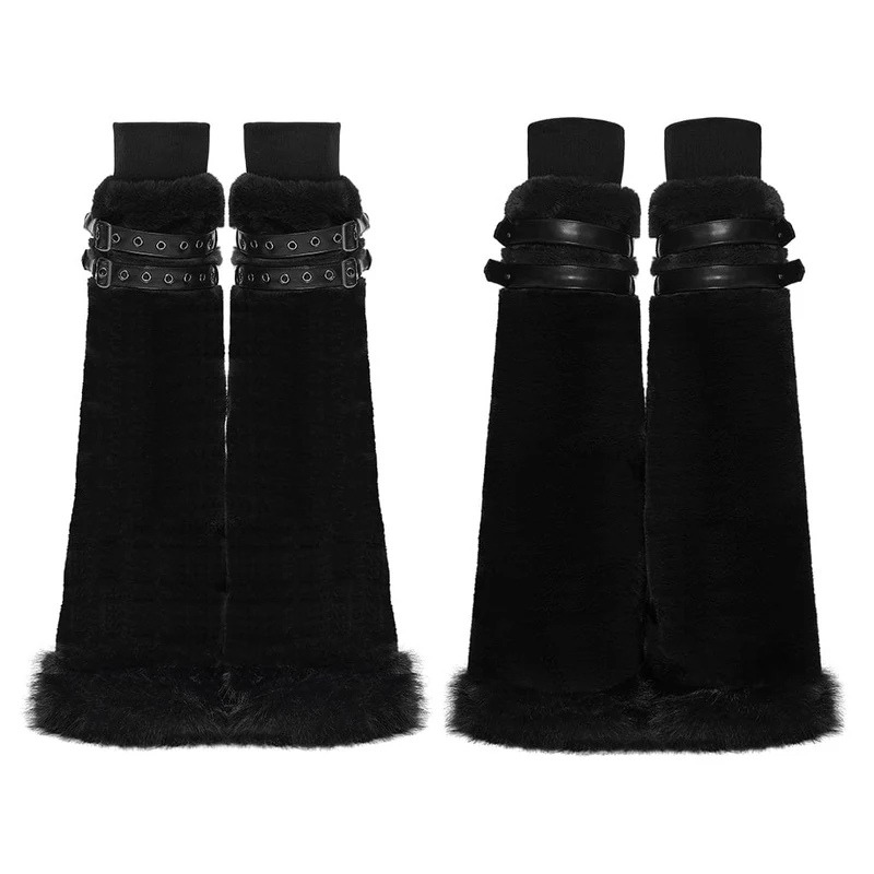 Damen Punk Schnalle Riemen Kunstpelz Beinlinge Schwarz