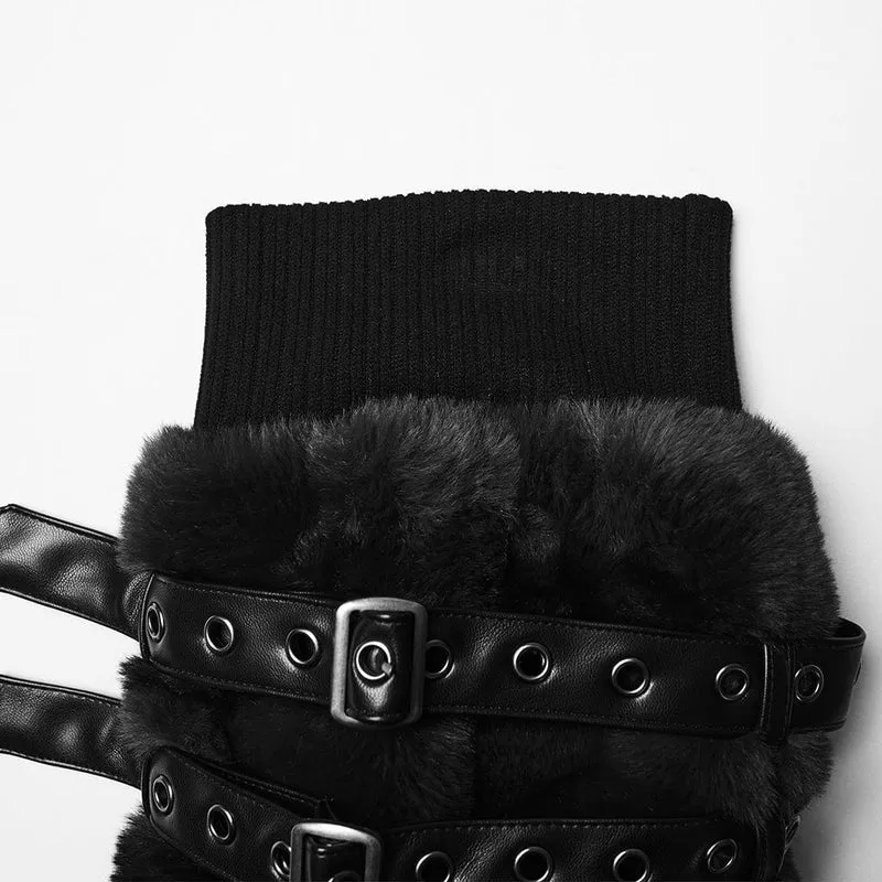 Damen Punk Schnalle Riemen Kunstpelz Beinlinge Schwarz