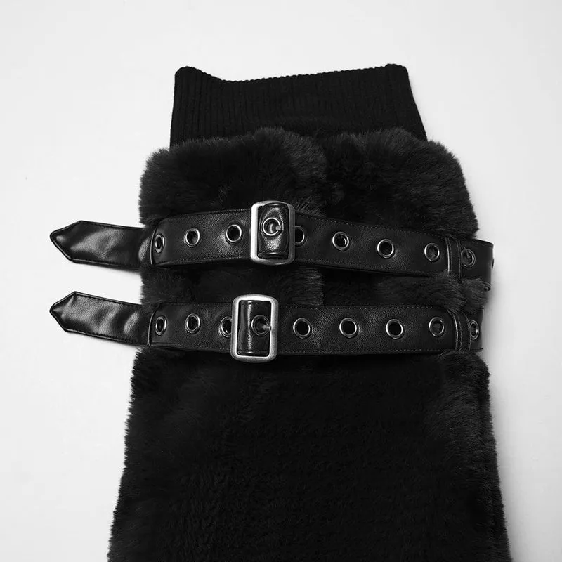 Damen Punk Schnalle Riemen Kunstpelz Beinlinge Schwarz